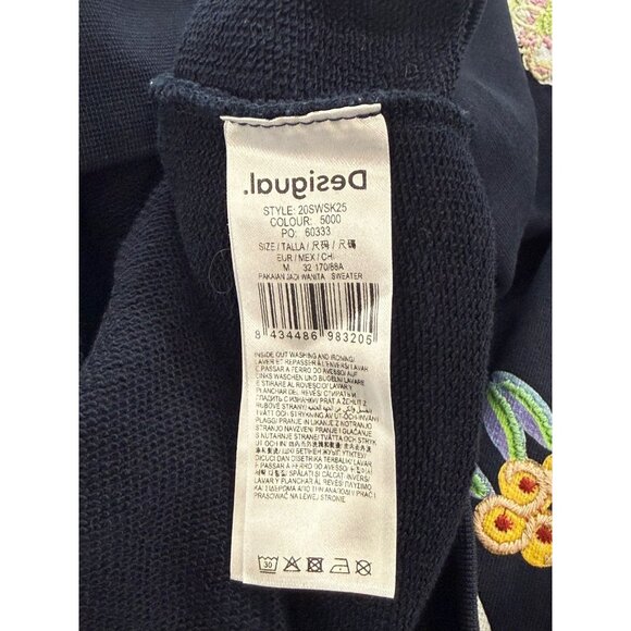 Desigual Floral Embroidered Sweatshirt Navy Blue Crew Neck Terry Lined Size M - Picture 8 of 11